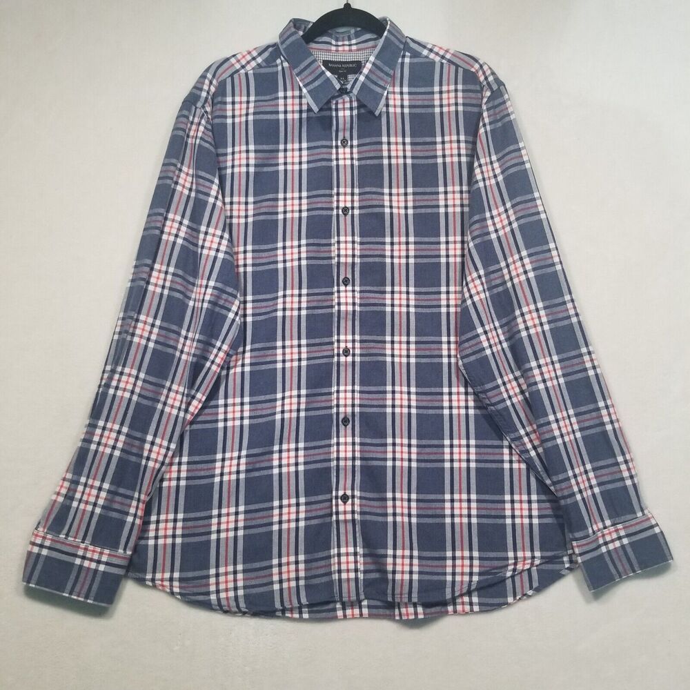 Banana Republic Men XL Shirt Slim Fit Button Front 100% Cotton Blue Plaid Preppy